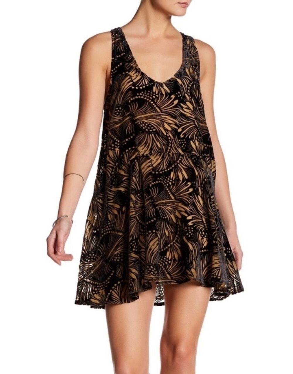 Free People Ellie Burnout Velvet Mini Dress Black Tan Sleeveless Women's M